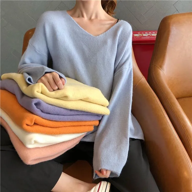 Soft Cozy Pastel Colors V-Neck Knitted Pullover