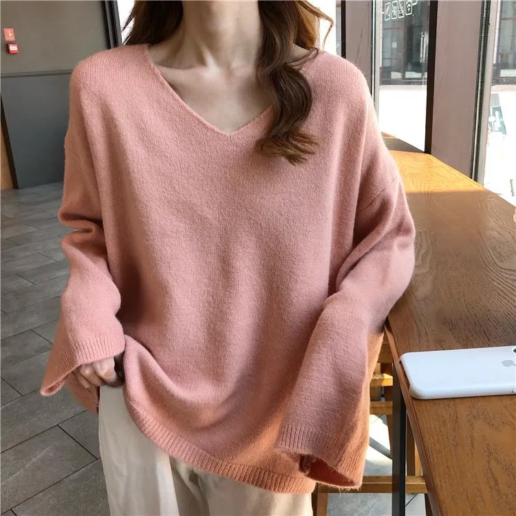 Soft Cozy Pastel Colors V-Neck Knitted Pullover