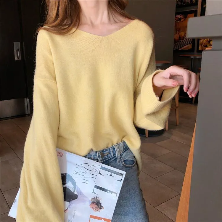 Soft Cozy Pastel Colors V-Neck Knitted Pullover