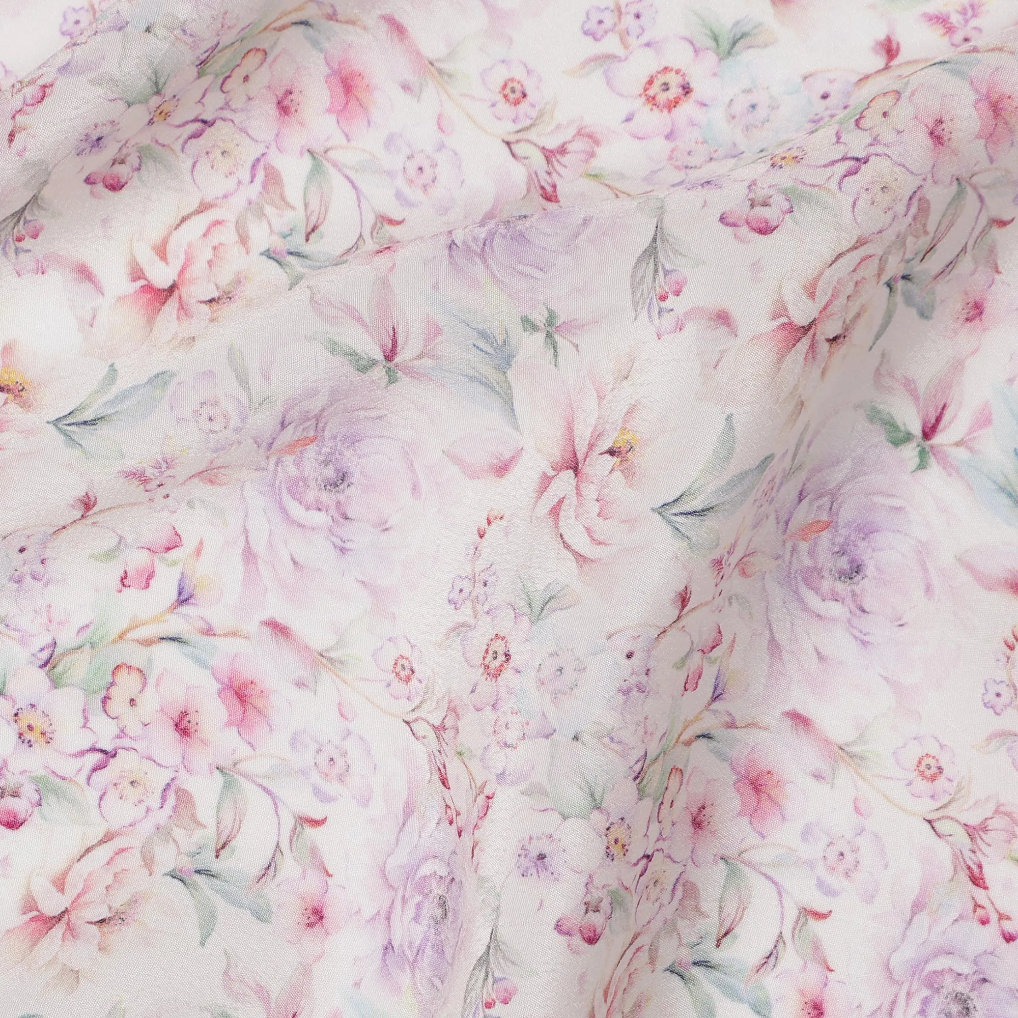 Soft Ivory Viscose Digital Printed Fabric with Pastel Floral Design, 110 cm Width-D21318