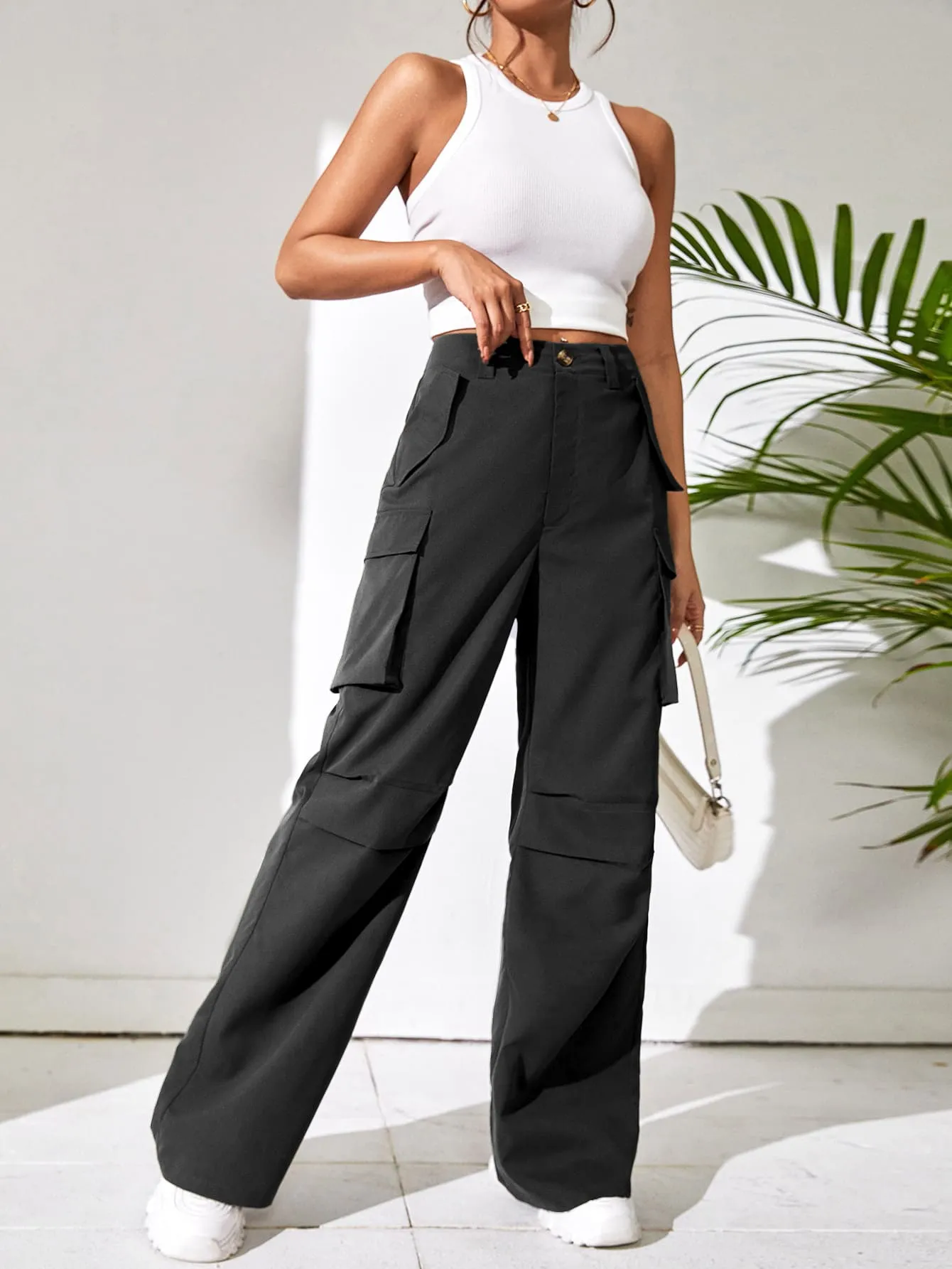 Solid Flap Pocket Side Wide Leg Pants