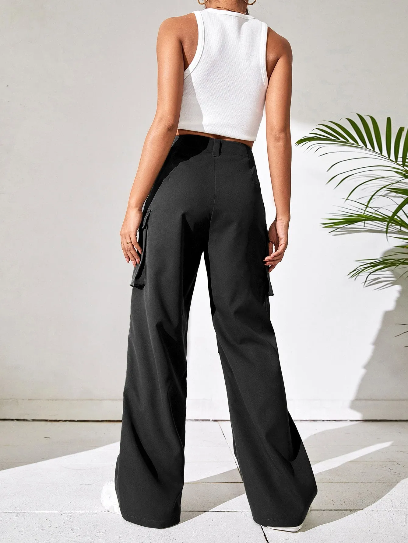 Solid Flap Pocket Side Wide Leg Pants