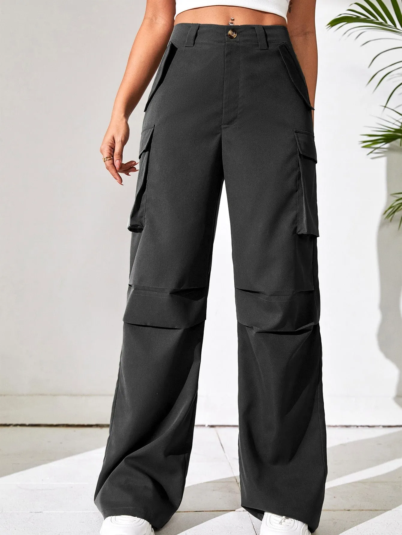 Solid Flap Pocket Side Wide Leg Pants