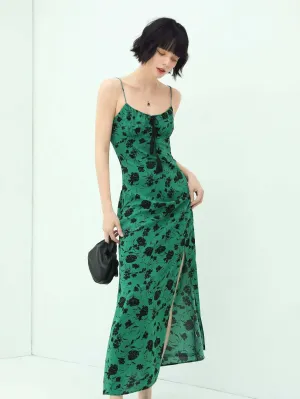 Spaghetti Strap Floral Green Maxi Dress with Side Slit