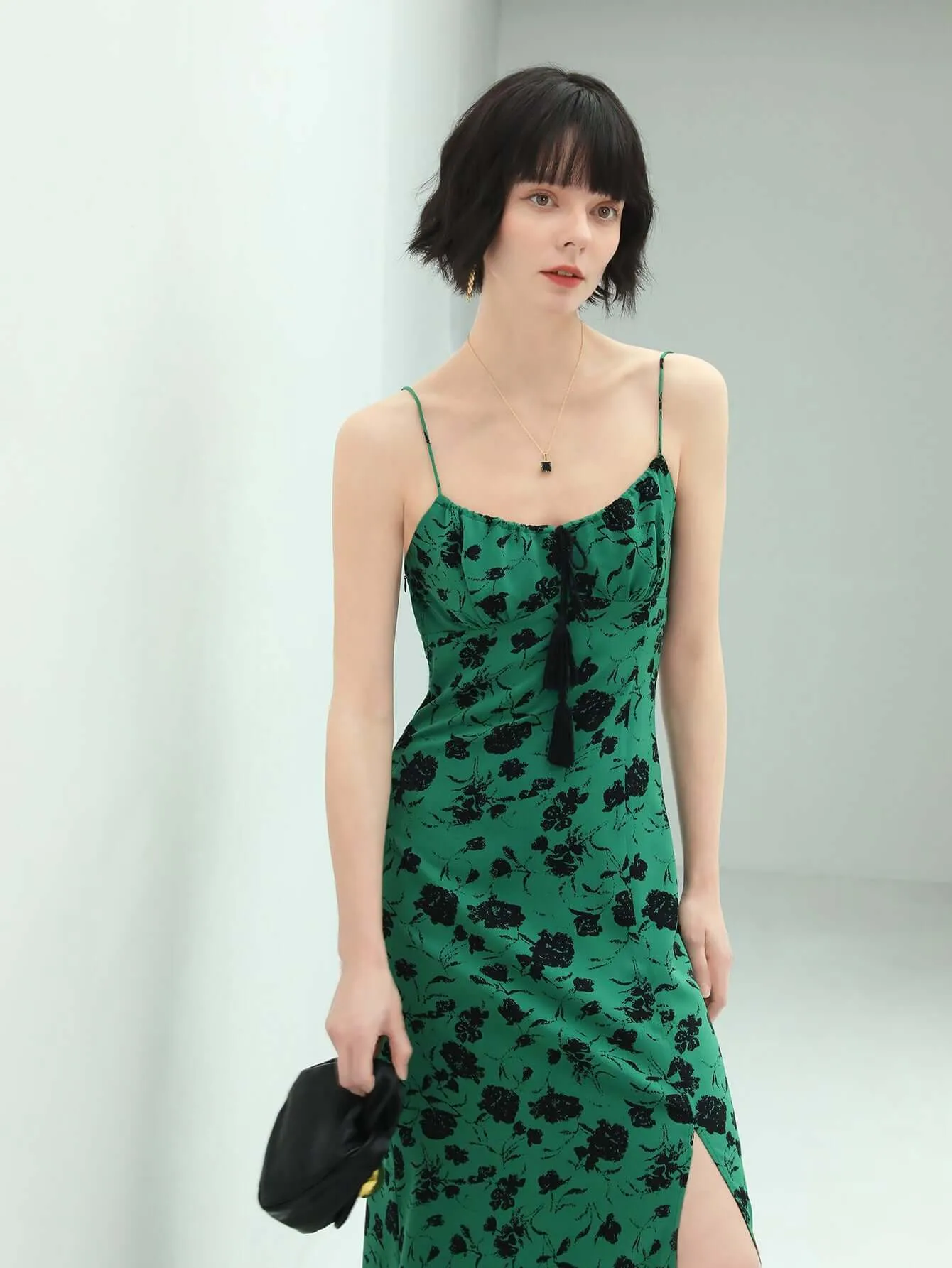 Spaghetti Strap Floral Green Maxi Dress with Side Slit