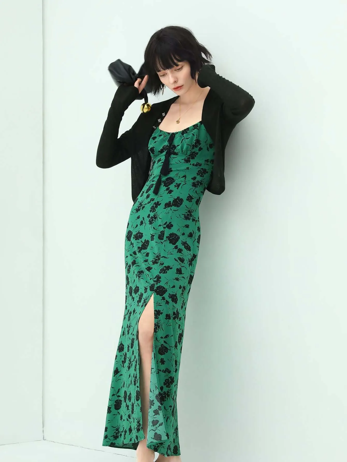 Spaghetti Strap Floral Green Maxi Dress with Side Slit