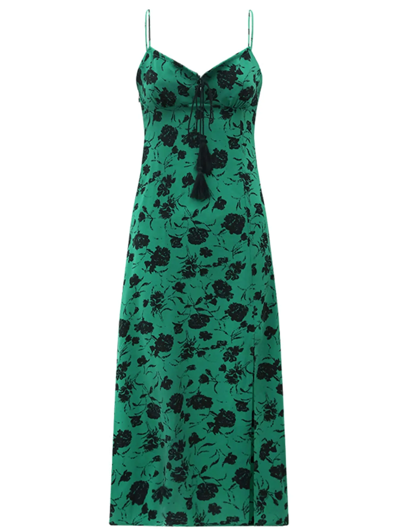 Spaghetti Strap Floral Green Maxi Dress with Side Slit