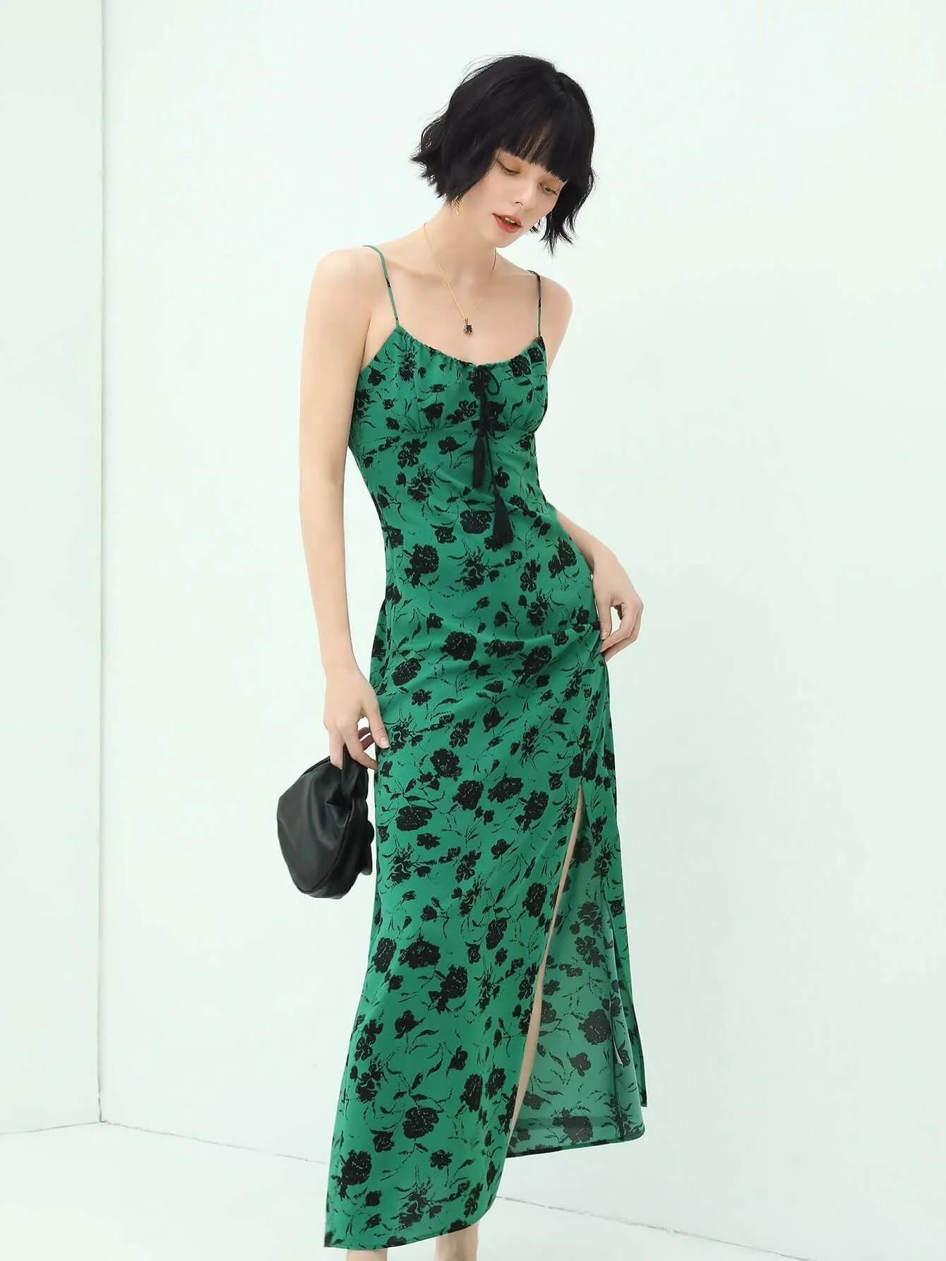 Spaghetti Strap Floral Green Maxi Dress with Side Slit