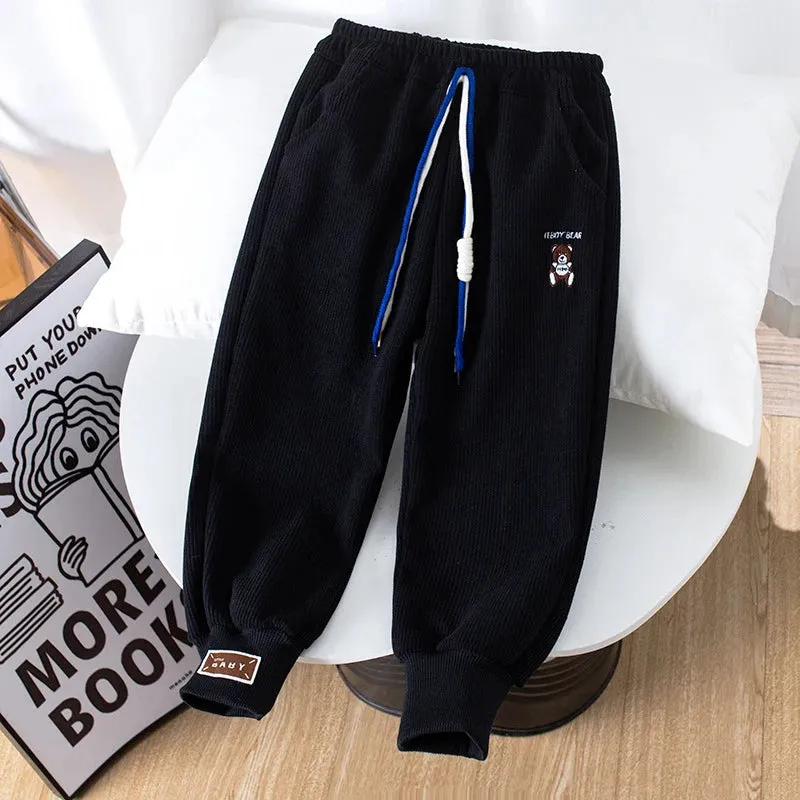 Spring Boys Casual Pants Loose Trousers Autumn Kids Clothes Embroidered Bear Sweatpants Child Outdoor Jogger Pants for 2-8 Years