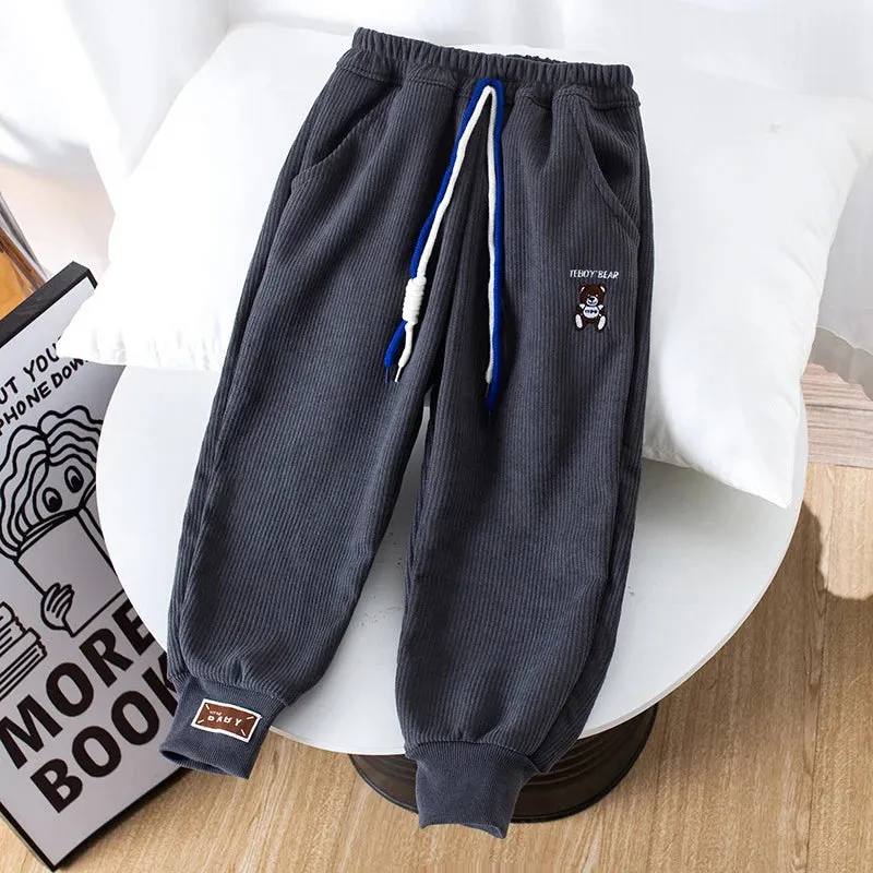 Spring Boys Casual Pants Loose Trousers Autumn Kids Clothes Embroidered Bear Sweatpants Child Outdoor Jogger Pants for 2-8 Years