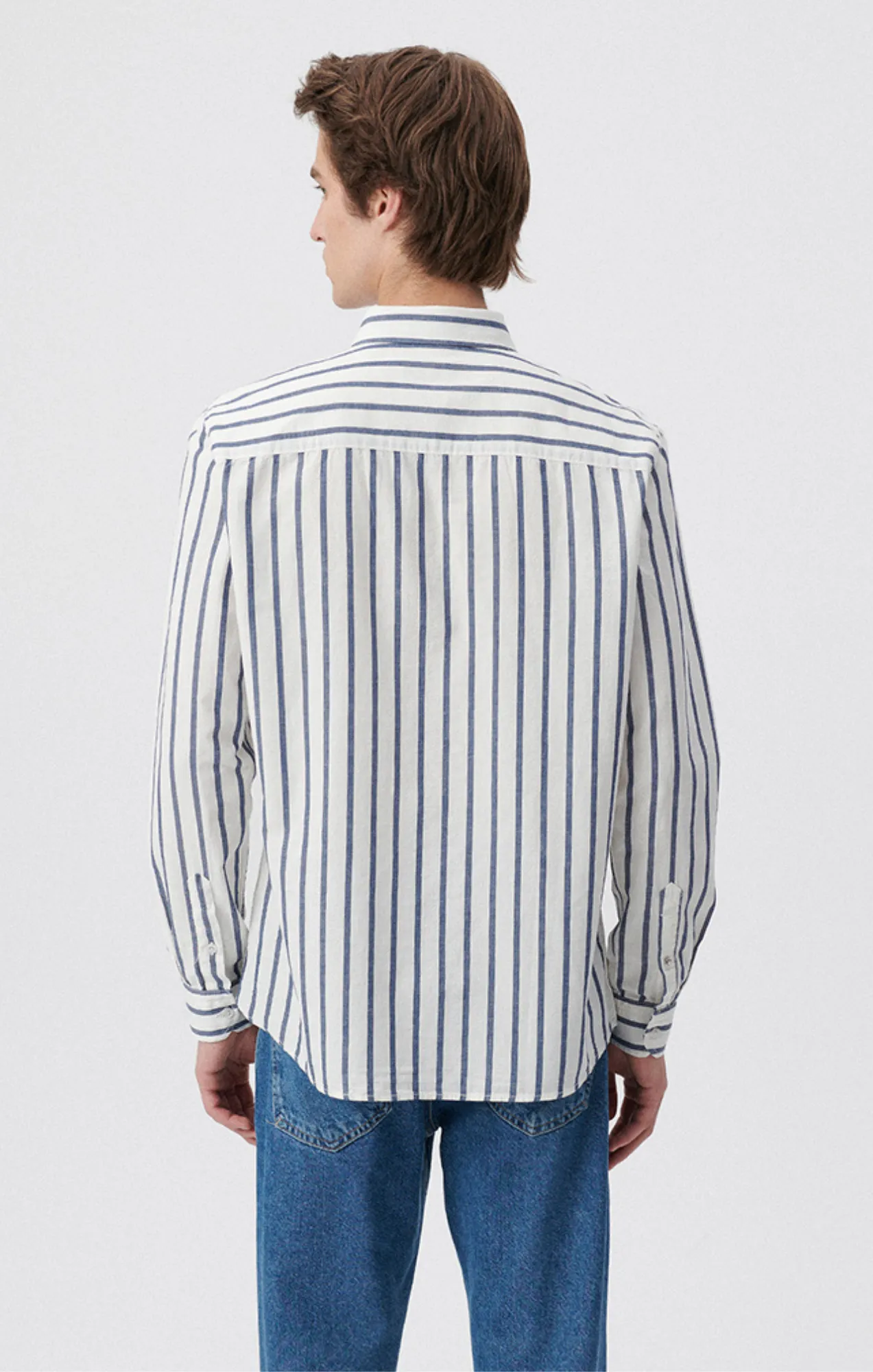 STRIPED BUTTON-UP LONG SLEEVE SHIRT IN DARK DENIM WHITE STRIPE