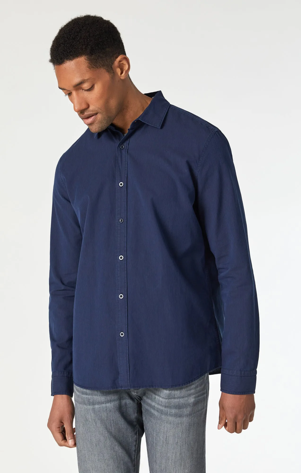 STRIPED BUTTON-UP SHIRT IN INDIGO