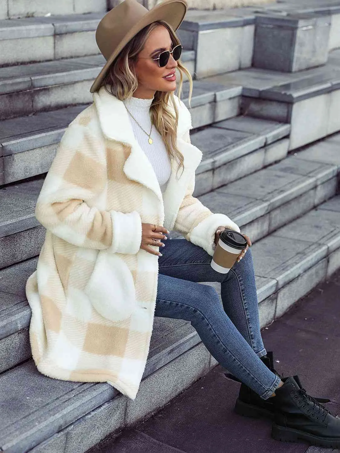 Stylish Plaid Button Down Coat with Pockets