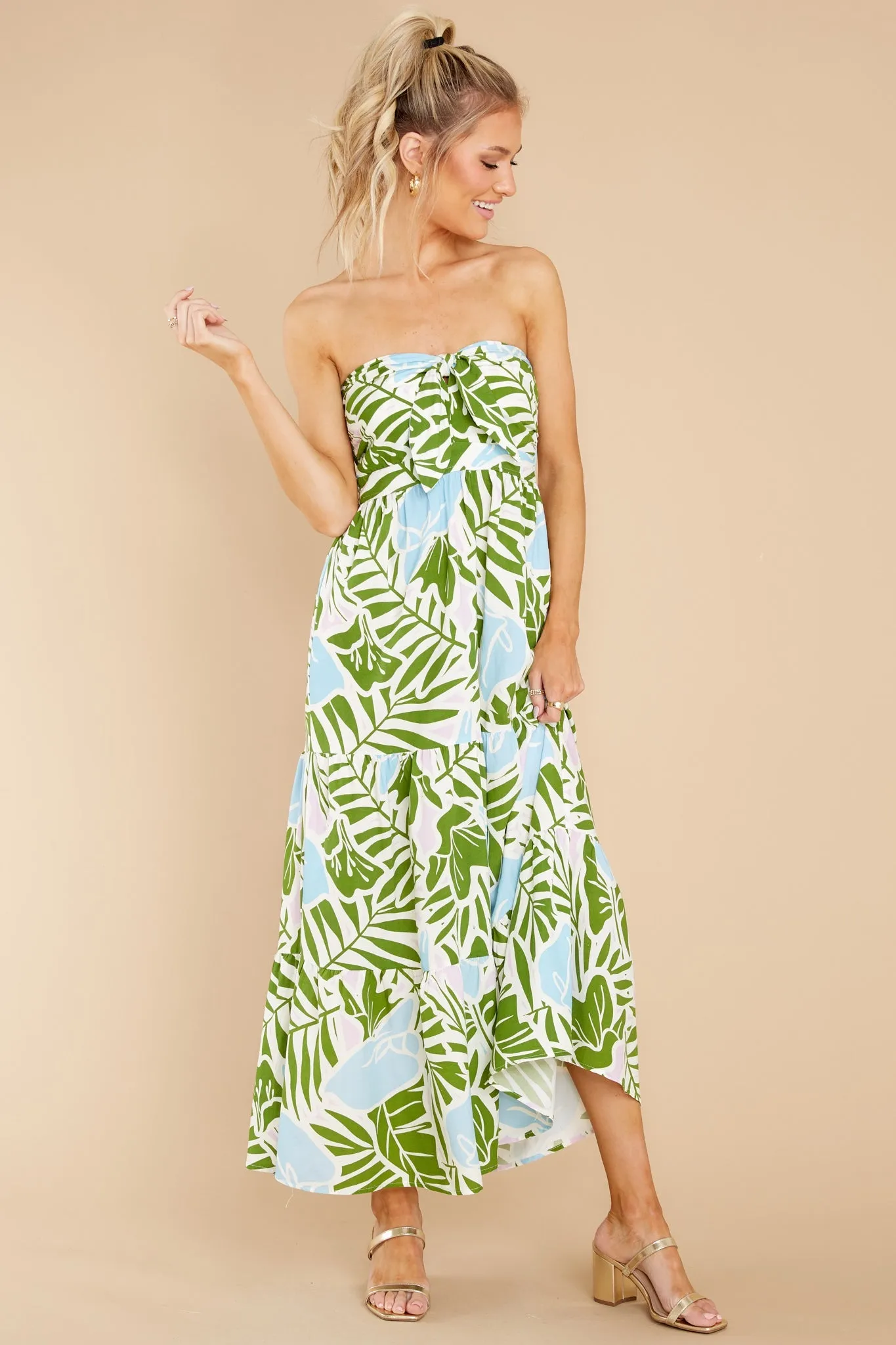 Summer Breeze Green Multi Tropical Print Midi Dress