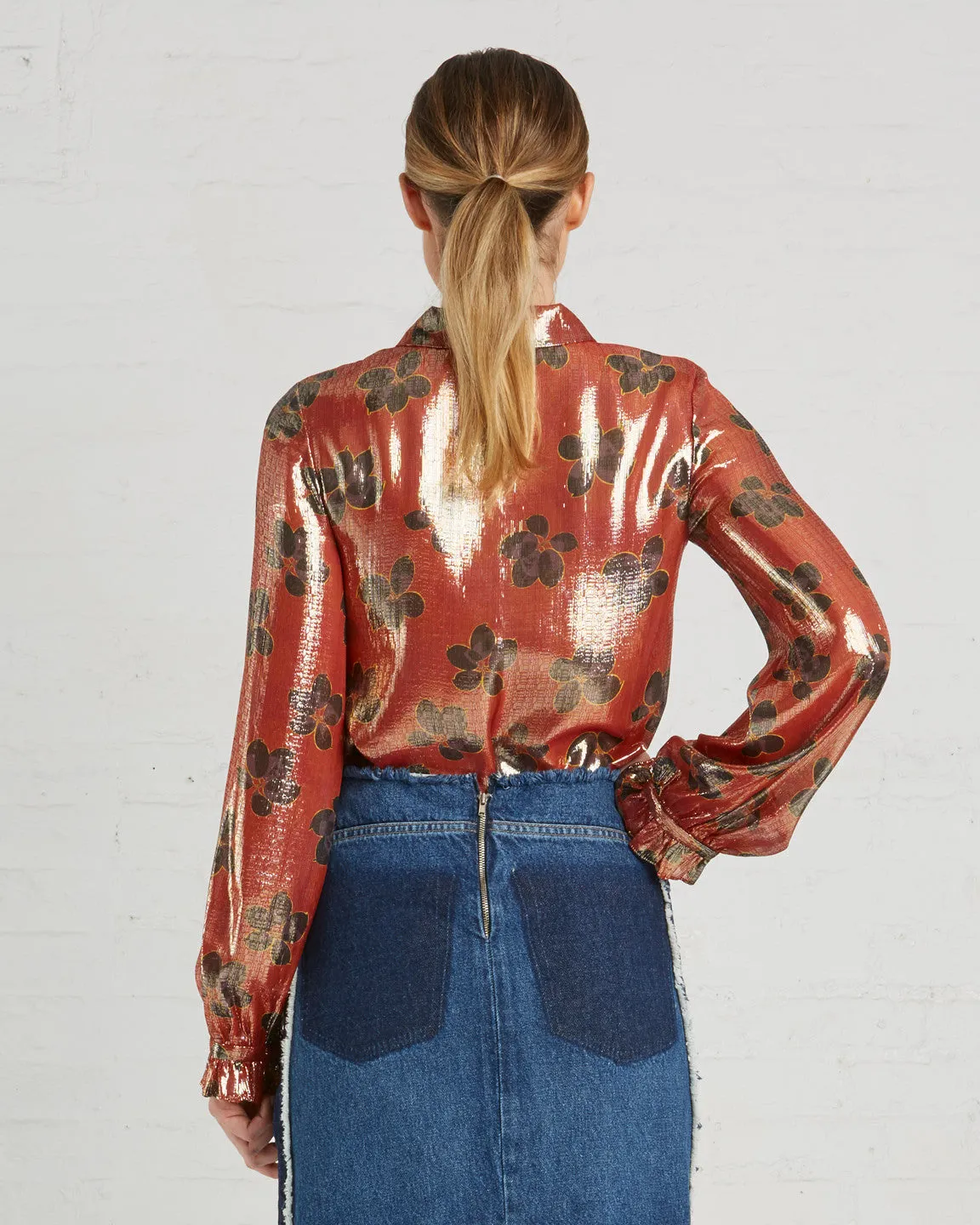 SUNO Metallic Orange Floral Blouse