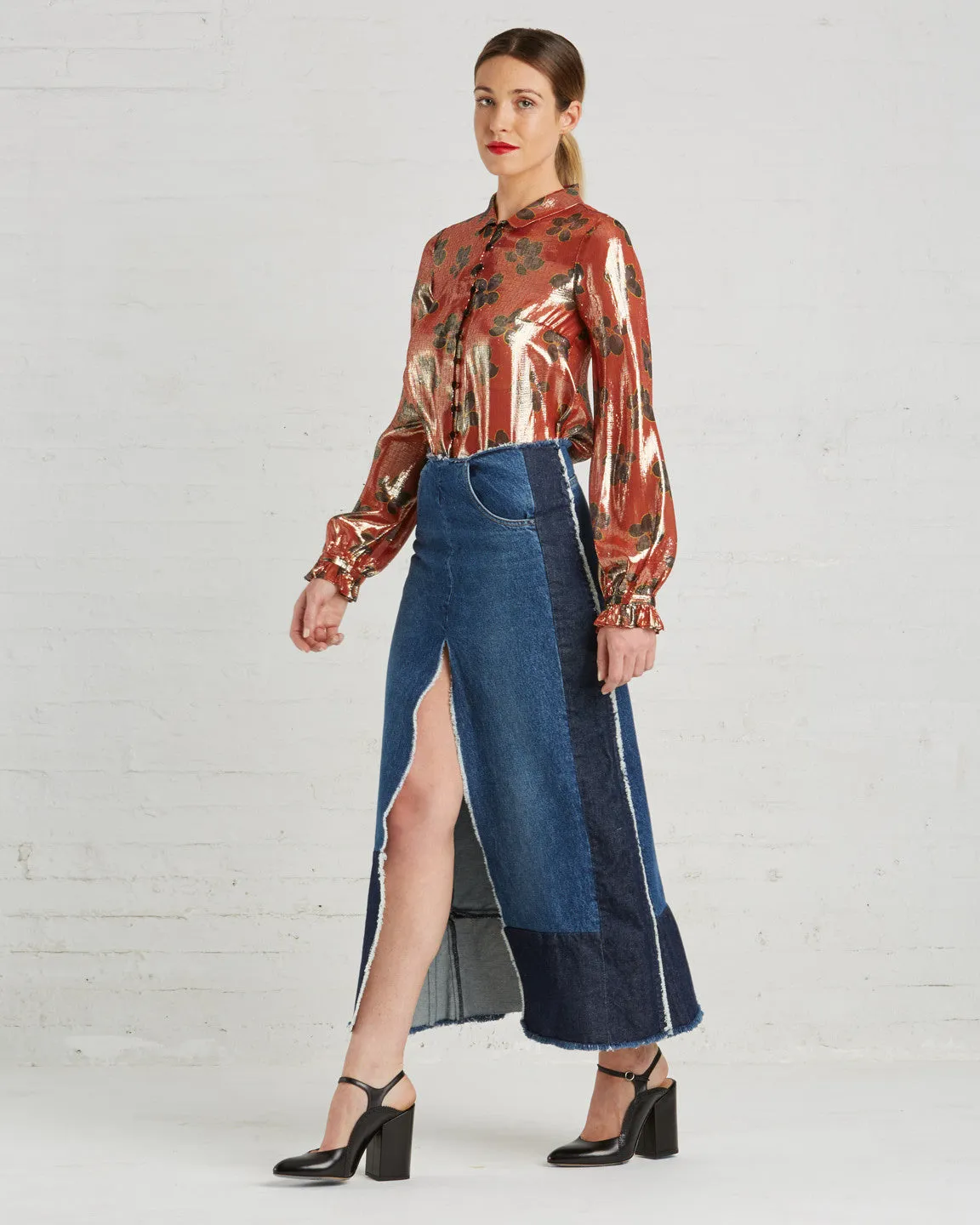 SUNO Metallic Orange Floral Blouse