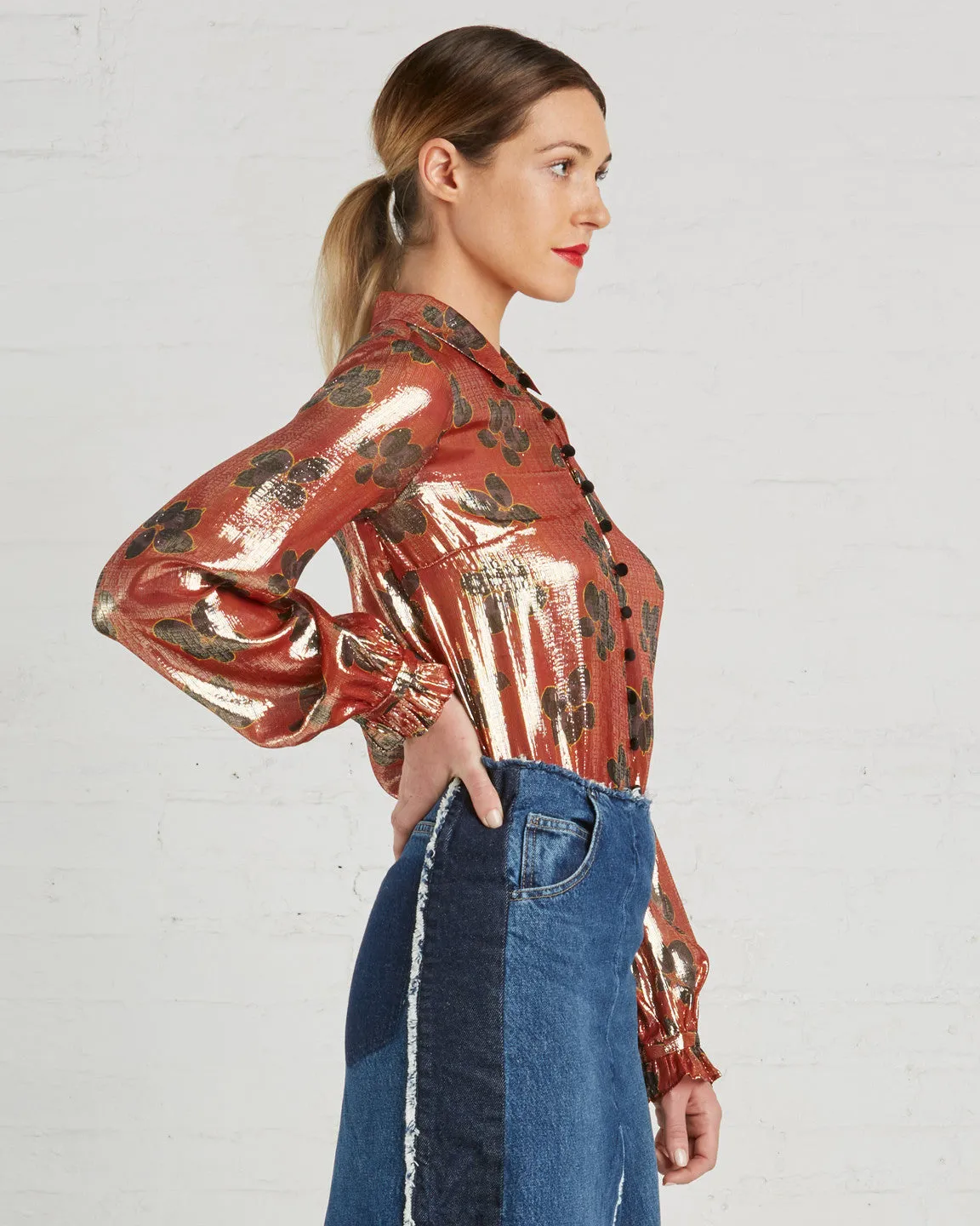 SUNO Metallic Orange Floral Blouse