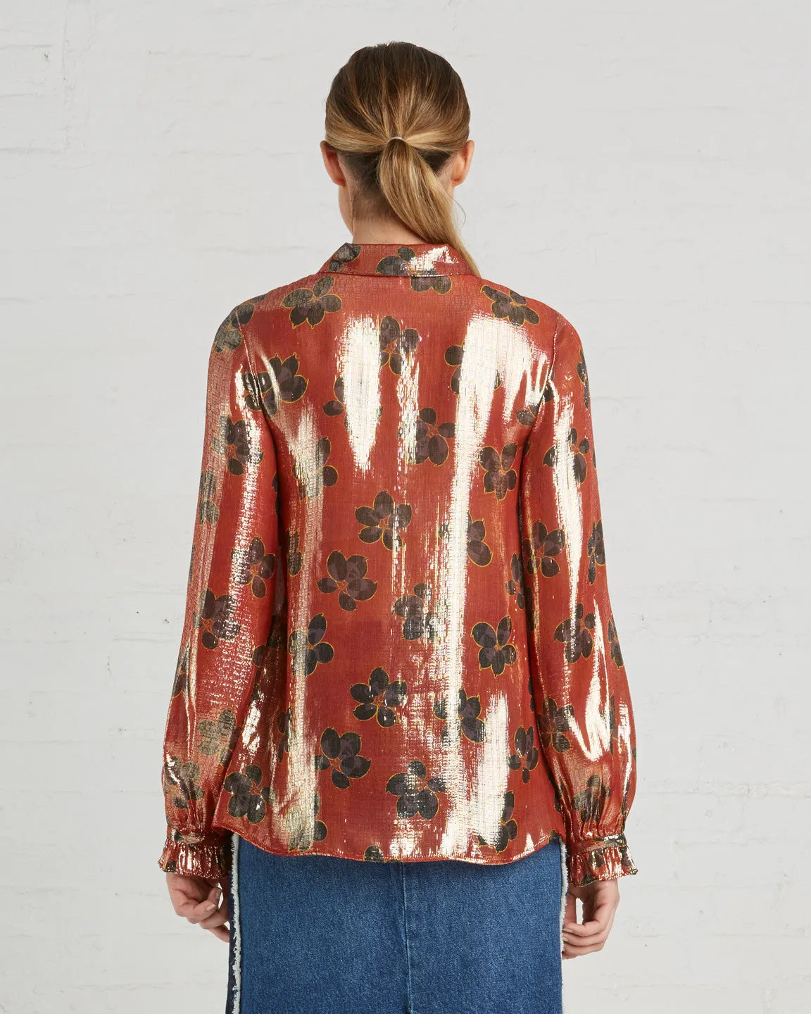 SUNO Metallic Orange Floral Blouse