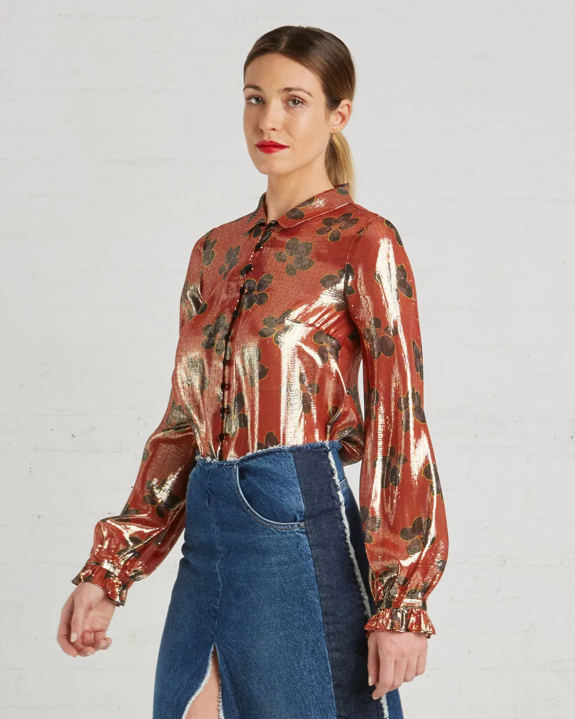 SUNO Metallic Orange Floral Blouse