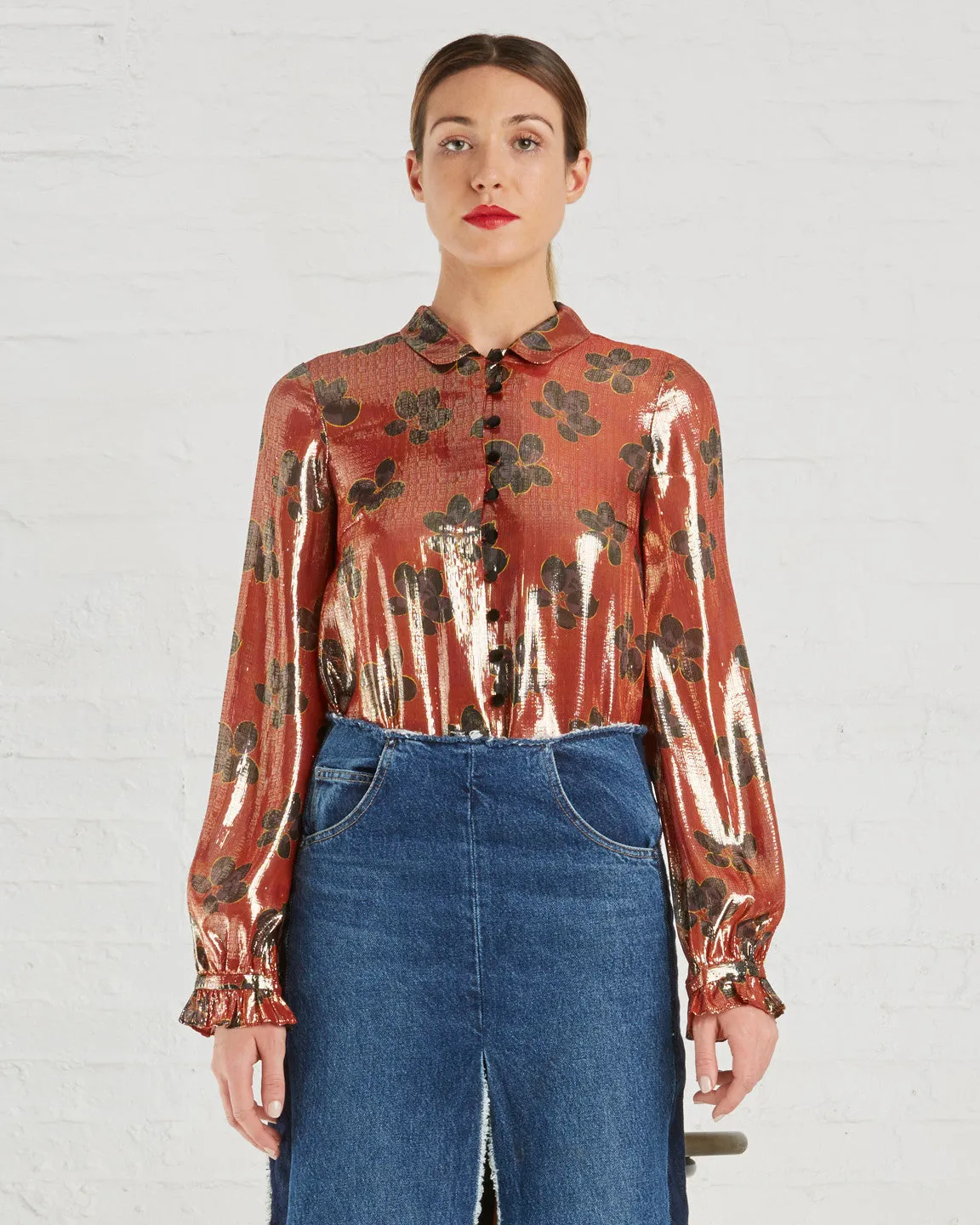 SUNO Metallic Orange Floral Blouse