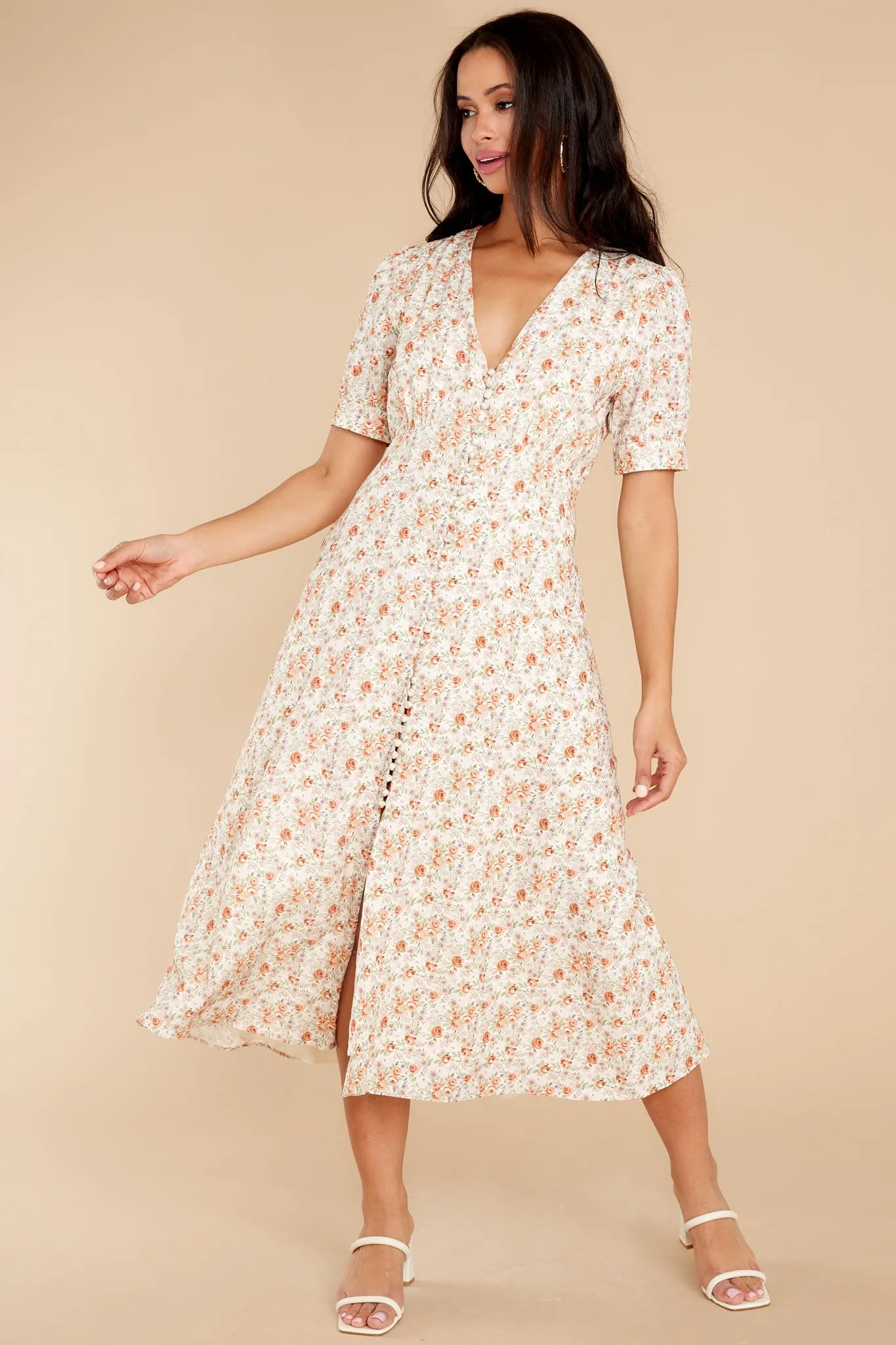 Sweet Ambition Ivory Floral Print Midi Dress