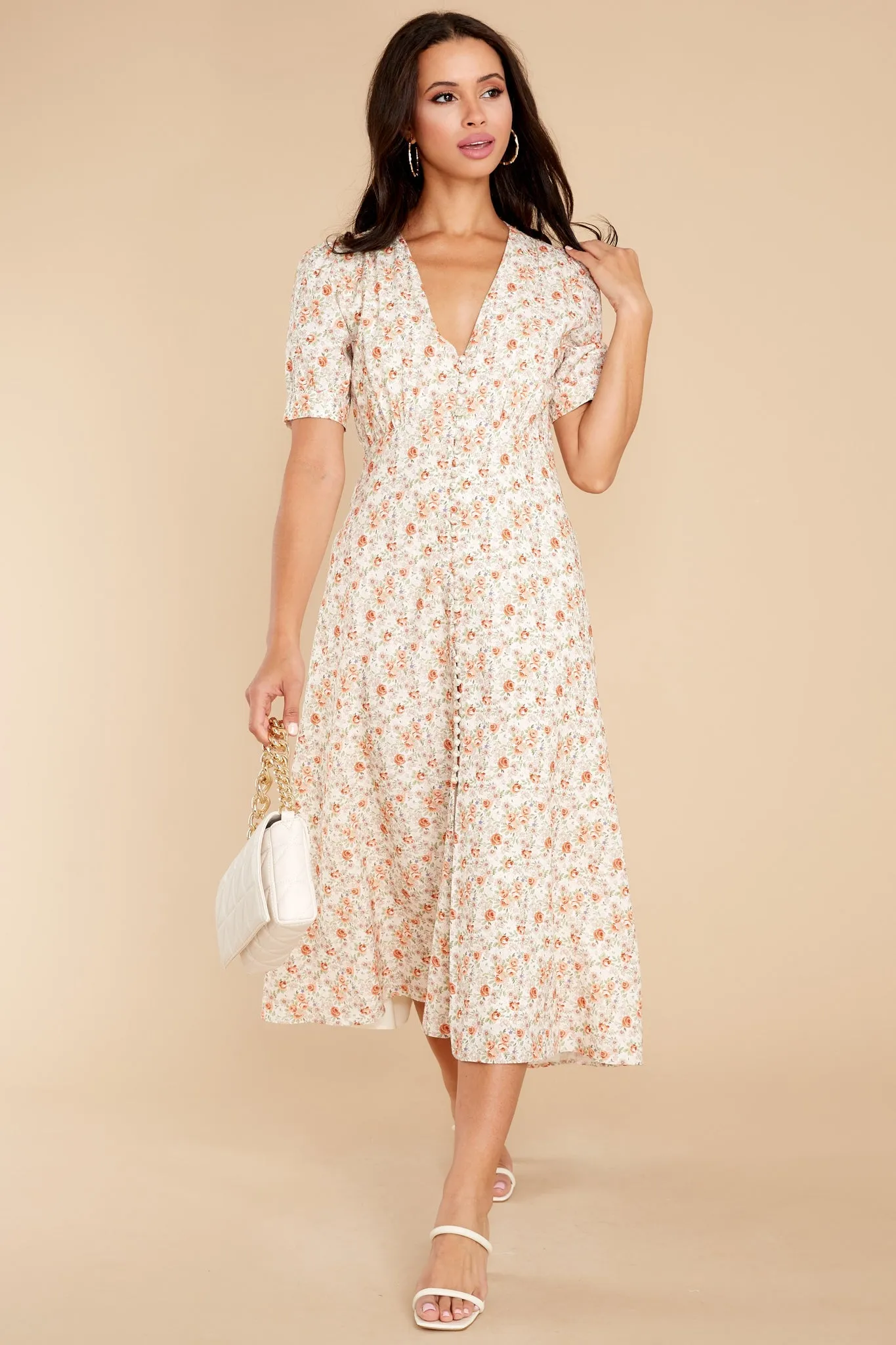 Sweet Ambition Ivory Floral Print Midi Dress