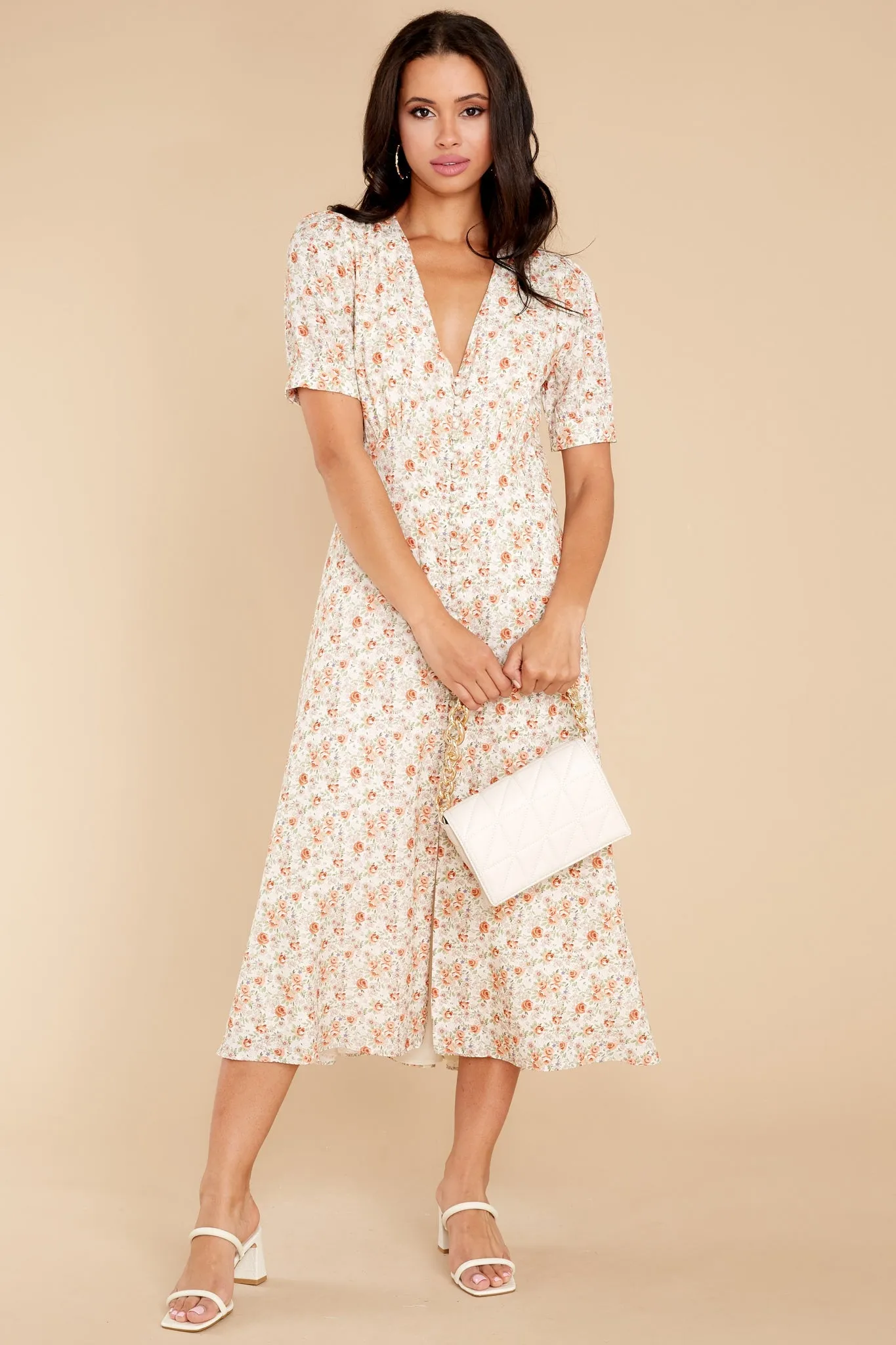 Sweet Ambition Ivory Floral Print Midi Dress