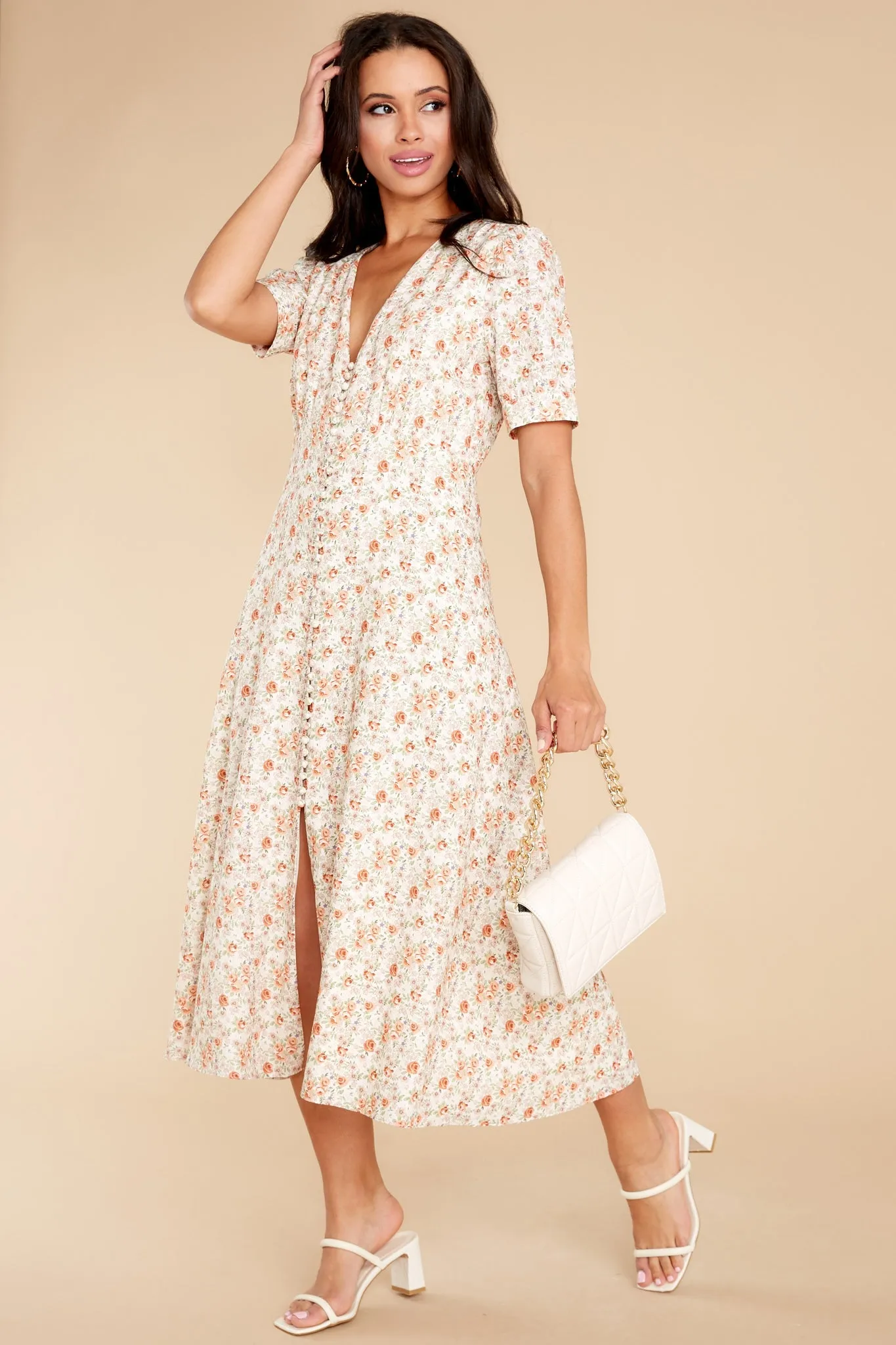 Sweet Ambition Ivory Floral Print Midi Dress