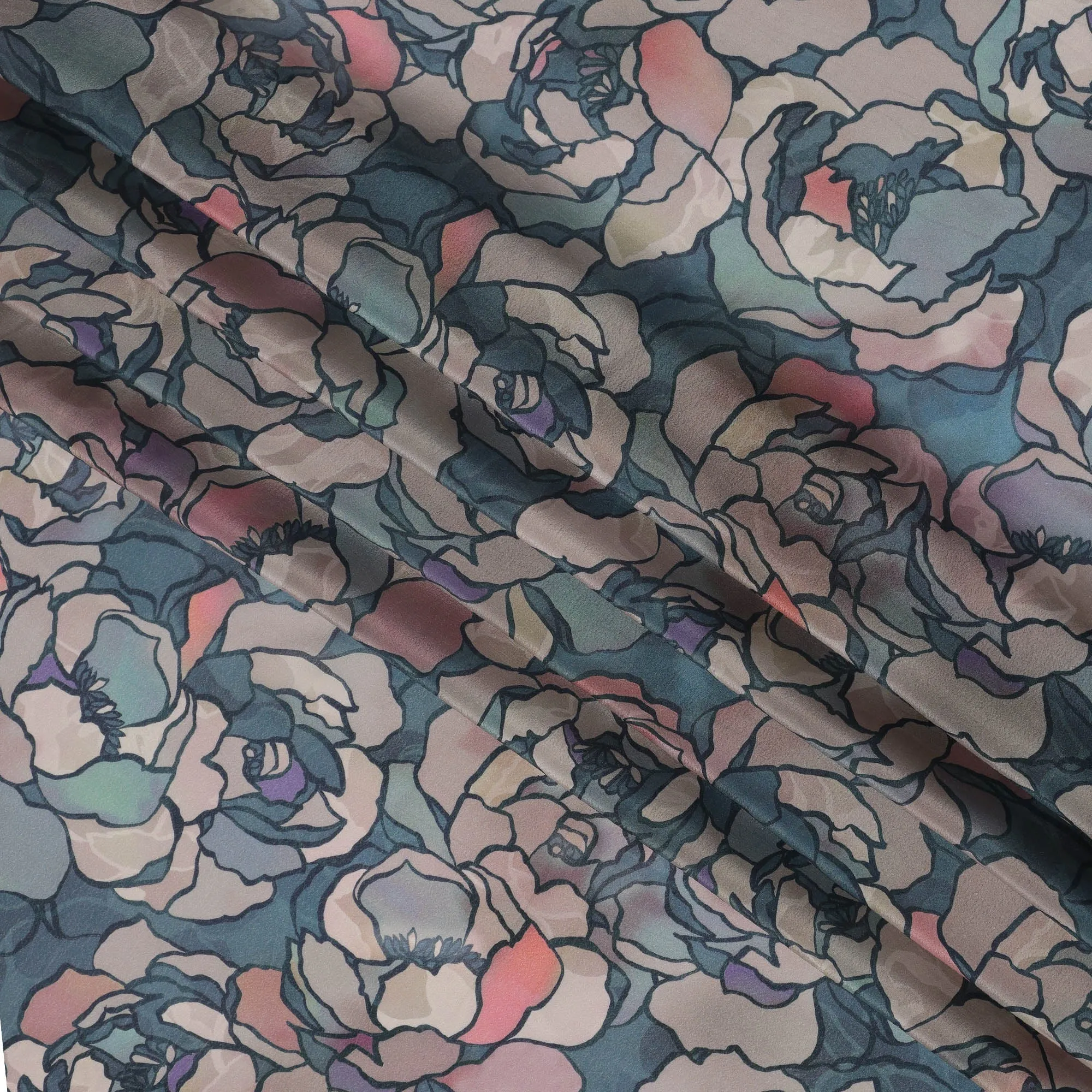 Teal Blue Viscose Digital Printed Fabric with Floral Outline Design, 110 cm Width-D21300