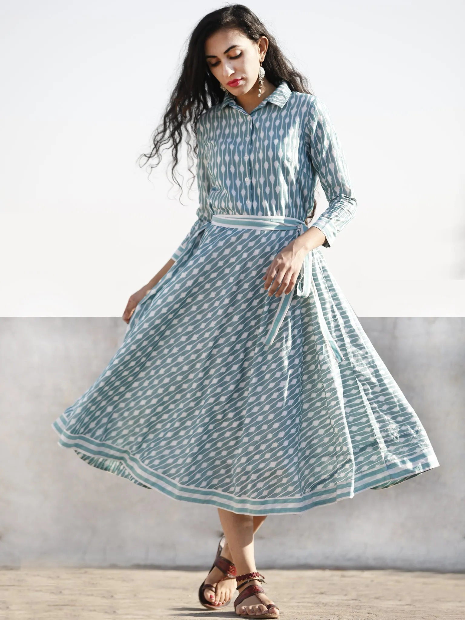 Teal Green White Shaded Hand Woven Mercerized Cotton Ikat Midi Dress With Shirt Collar - D208F1028