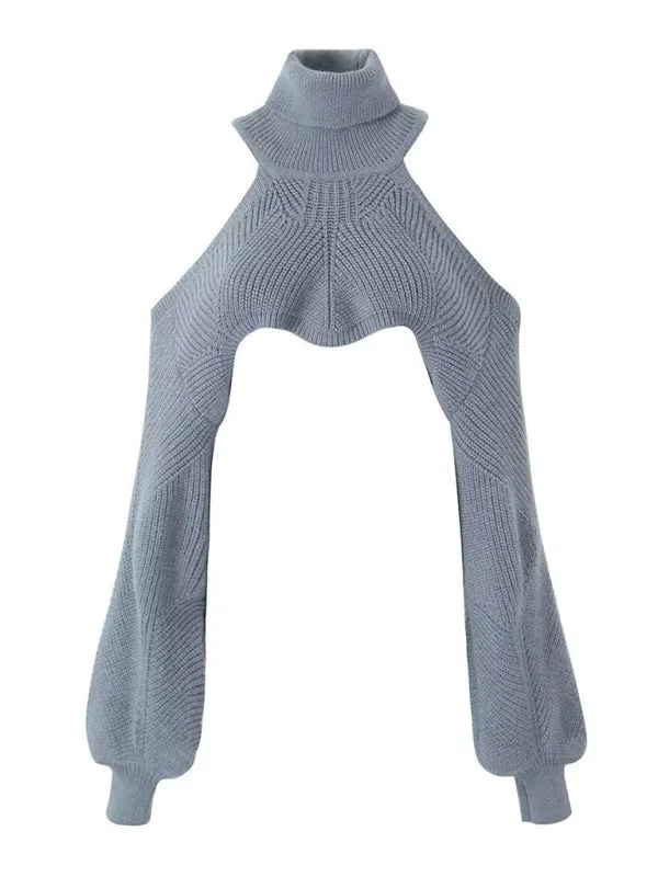 TEEK - Grey Off-Shoulder Short Turtleneck Sweater