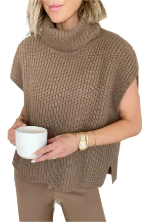 TEEK - Slit Turtleneck Cap Sleeve Sweater