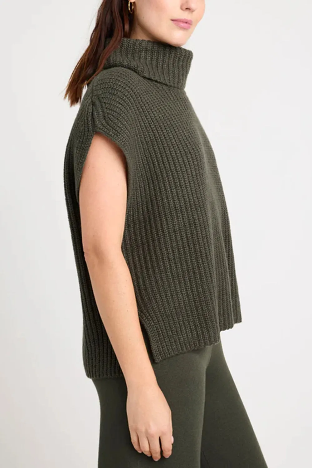 TEEK - Slit Turtleneck Cap Sleeve Sweater