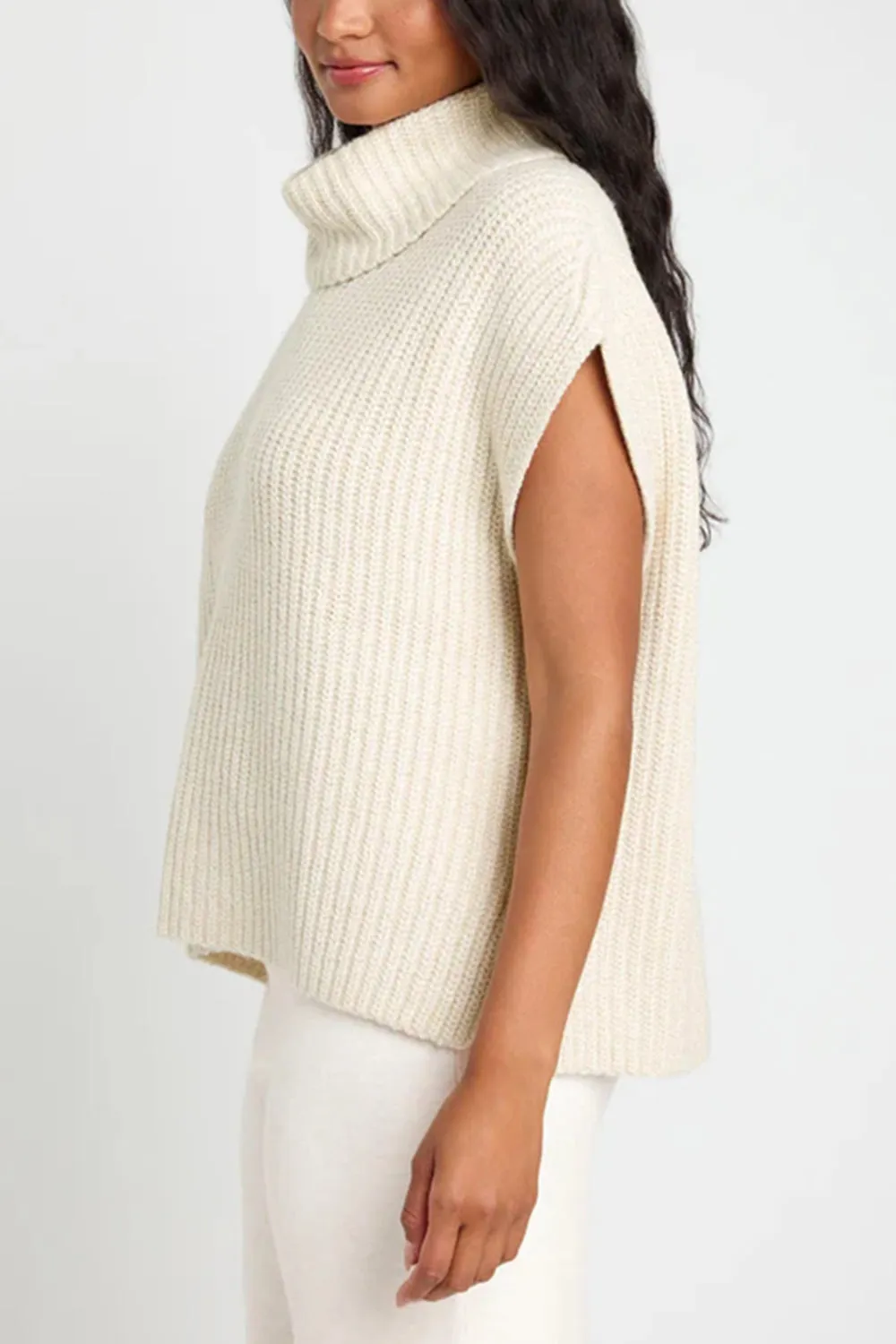 TEEK - Slit Turtleneck Cap Sleeve Sweater