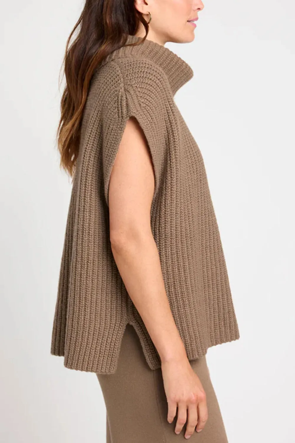 TEEK - Slit Turtleneck Cap Sleeve Sweater