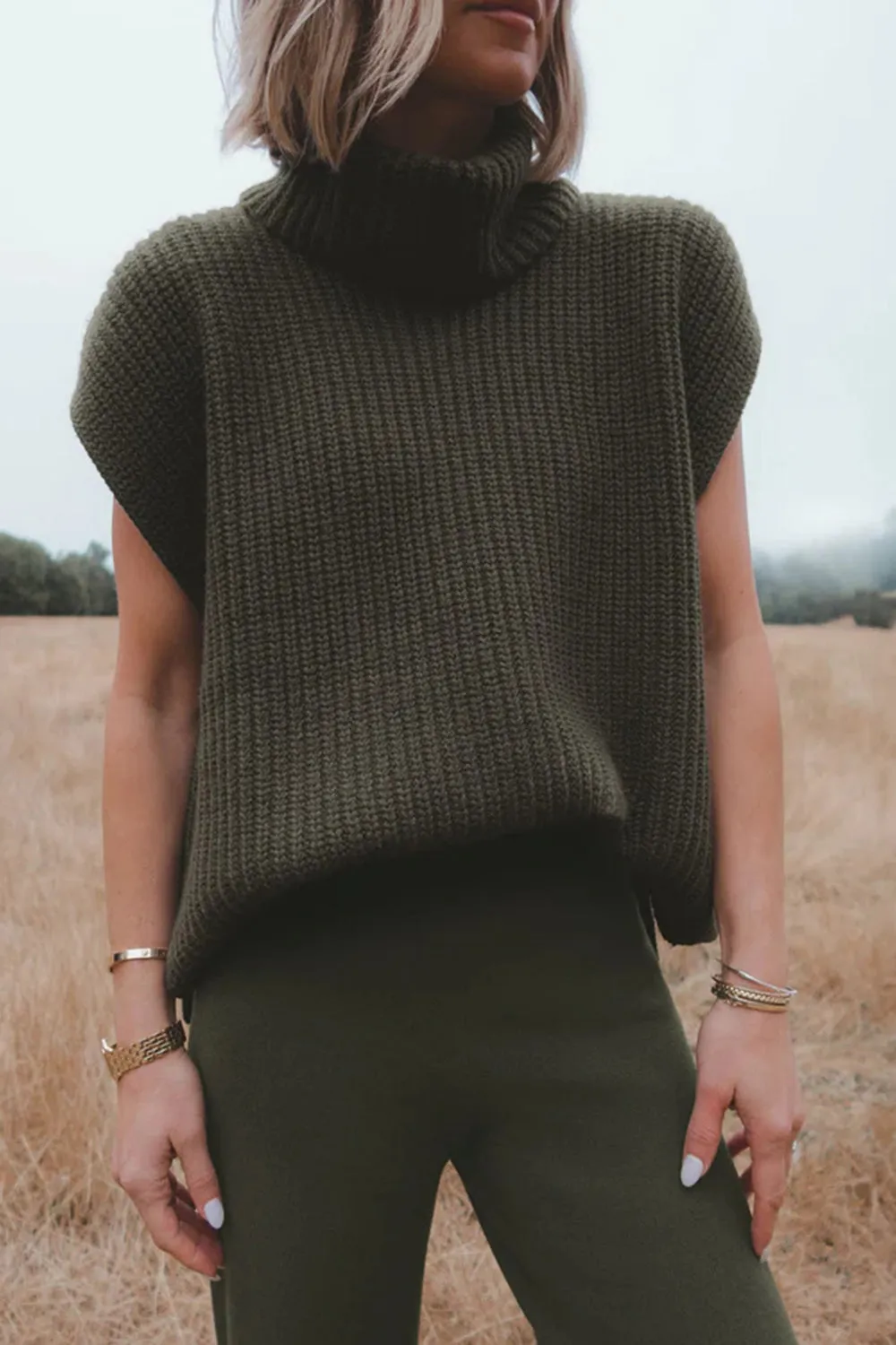 TEEK - Slit Turtleneck Cap Sleeve Sweater