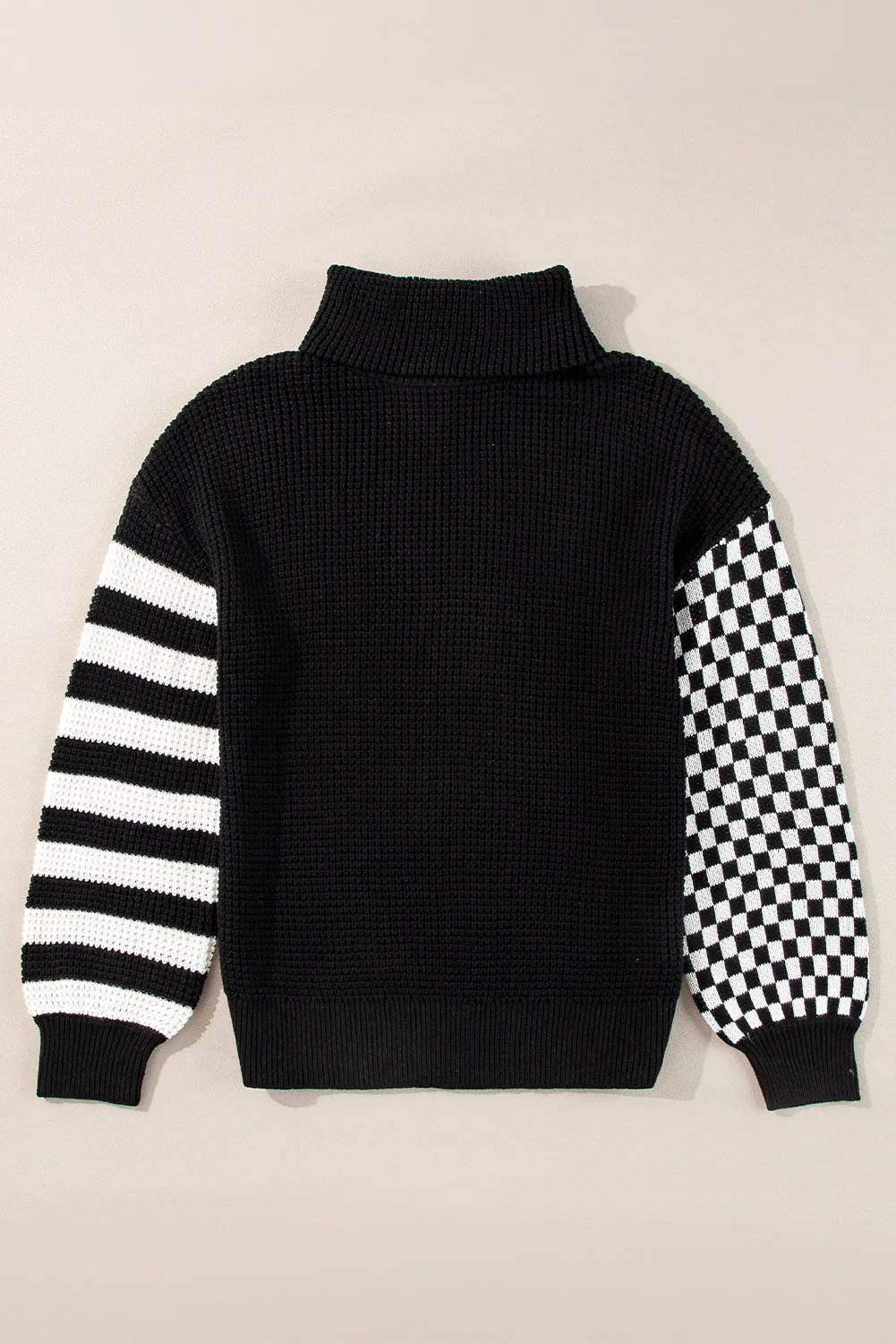 TEEK - Striped & Checkered Turtleneck Dropped Shoulder Sweater