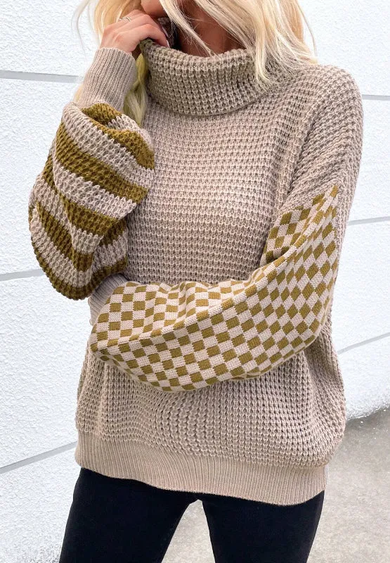 TEEK - Striped & Checkered Turtleneck Dropped Shoulder Sweater