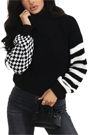 TEEK - Striped & Checkered Turtleneck Dropped Shoulder Sweater