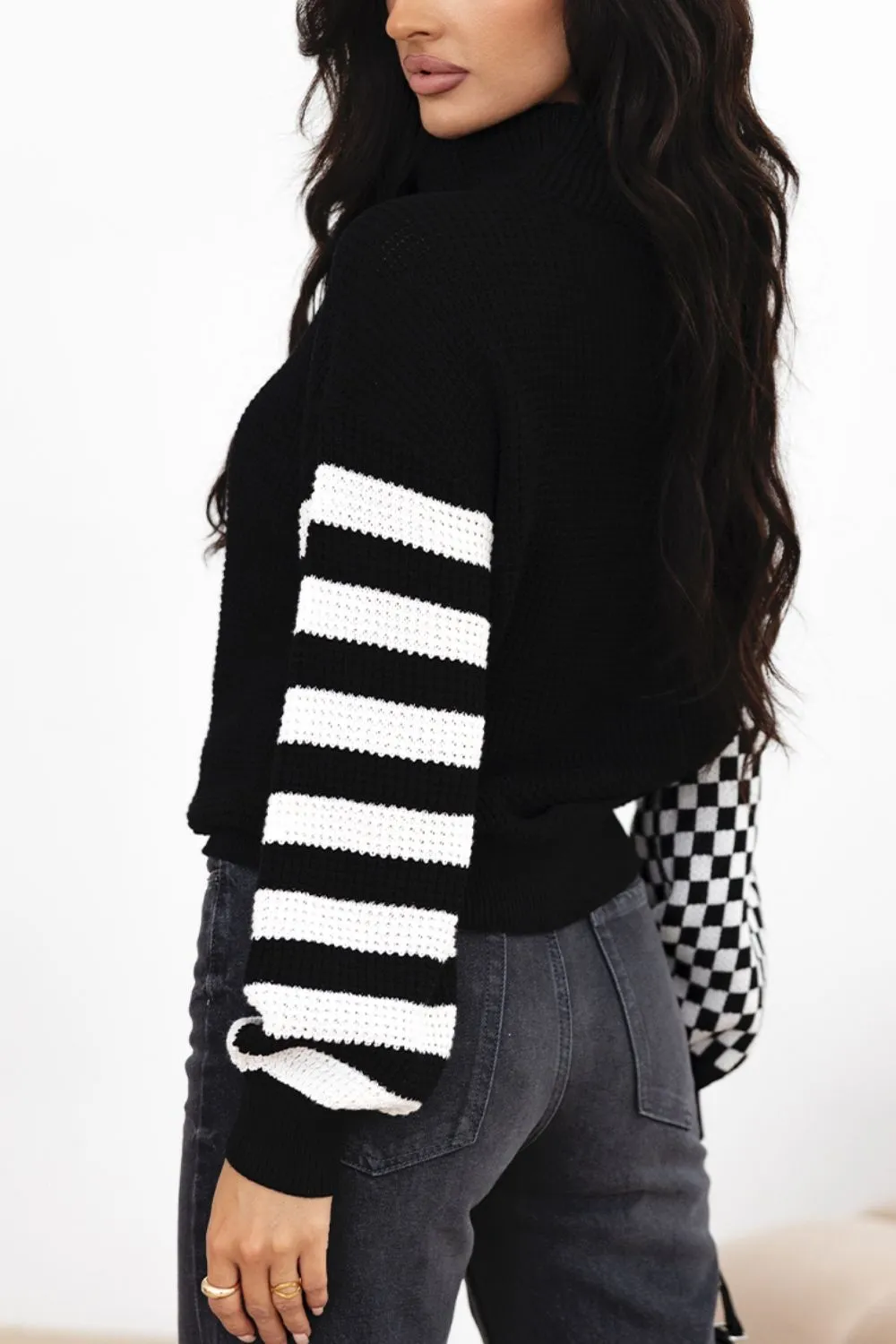 TEEK - Striped & Checkered Turtleneck Dropped Shoulder Sweater