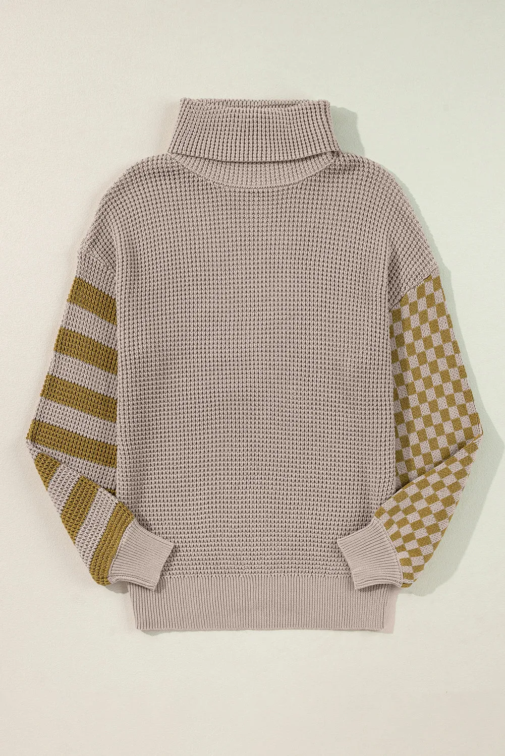 TEEK - Striped & Checkered Turtleneck Dropped Shoulder Sweater