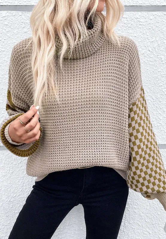 TEEK - Striped & Checkered Turtleneck Dropped Shoulder Sweater