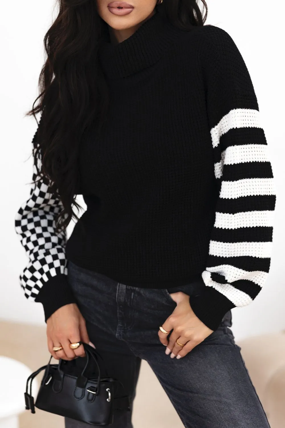 TEEK - Striped & Checkered Turtleneck Dropped Shoulder Sweater