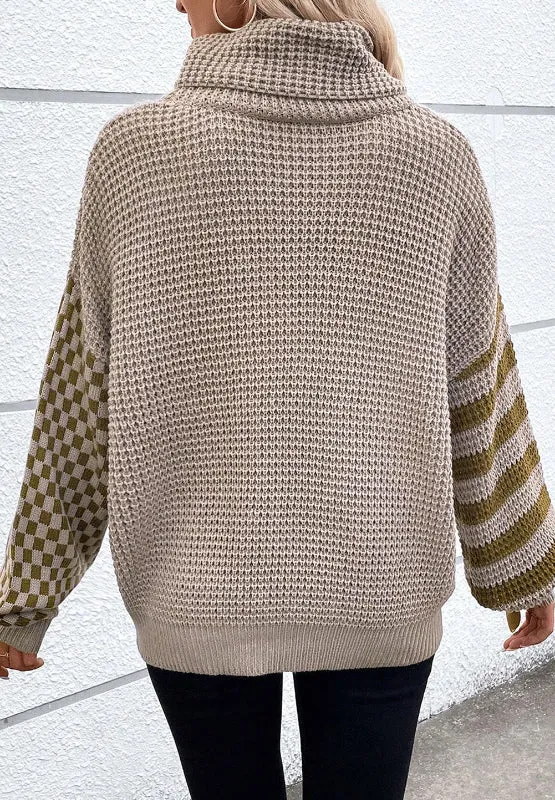 TEEK - Striped & Checkered Turtleneck Dropped Shoulder Sweater