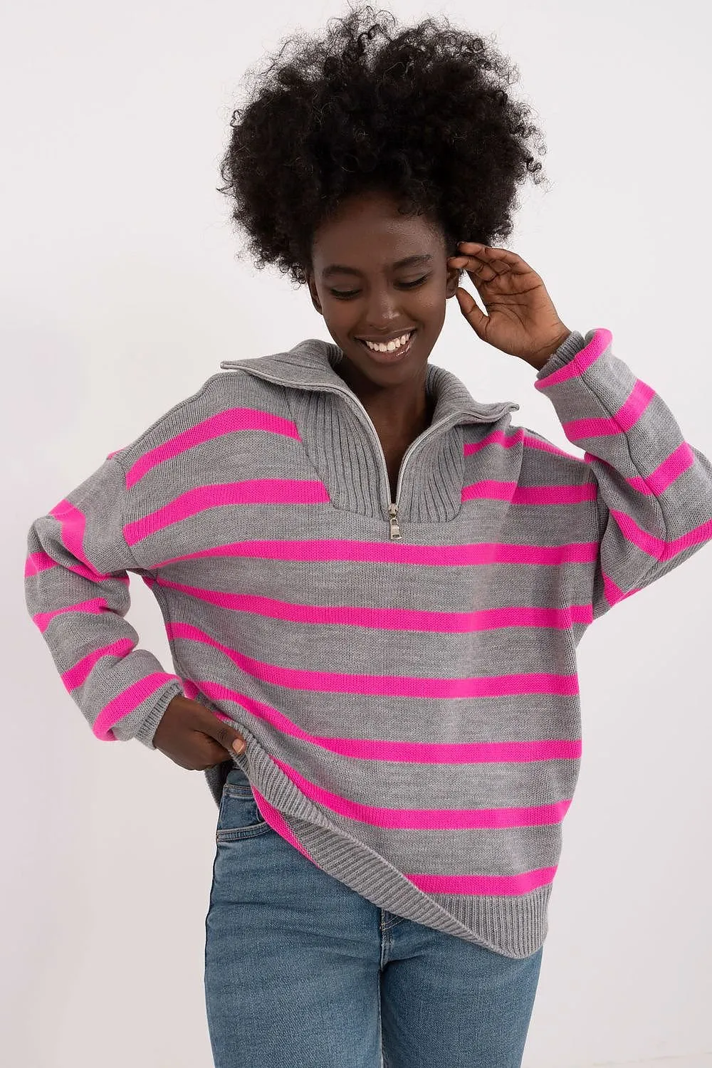 TEEK - Striped Turtleneck Zip Sweater