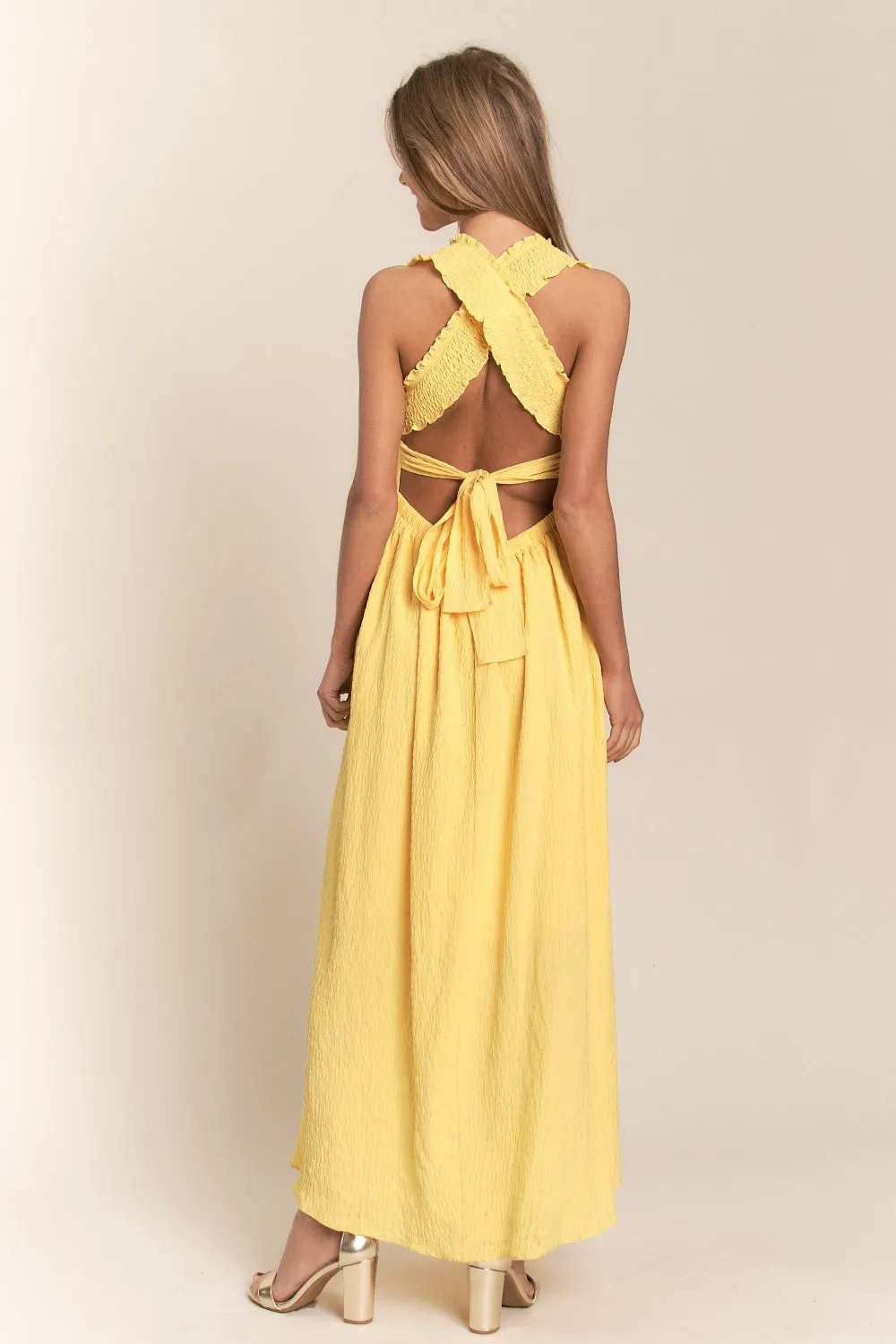 Texture Crisscross Back Tie Smocked Maxi Dress