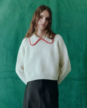 The Great - Crochet Collar Pullover Sweater in Soft White W/ Cherry