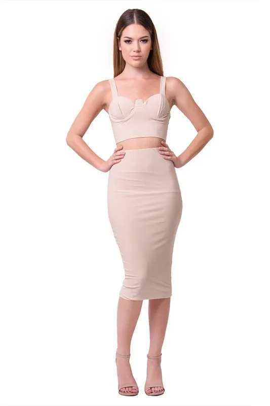 THE MYSTYLEMODE NUDE TWO PIECE FITTED BUSTIER CROP TOP AND PENCIL SKIRT SET