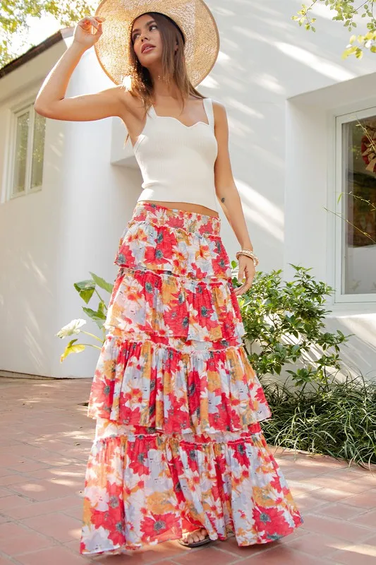 Tomato Floral Tiered Maxi Skirt