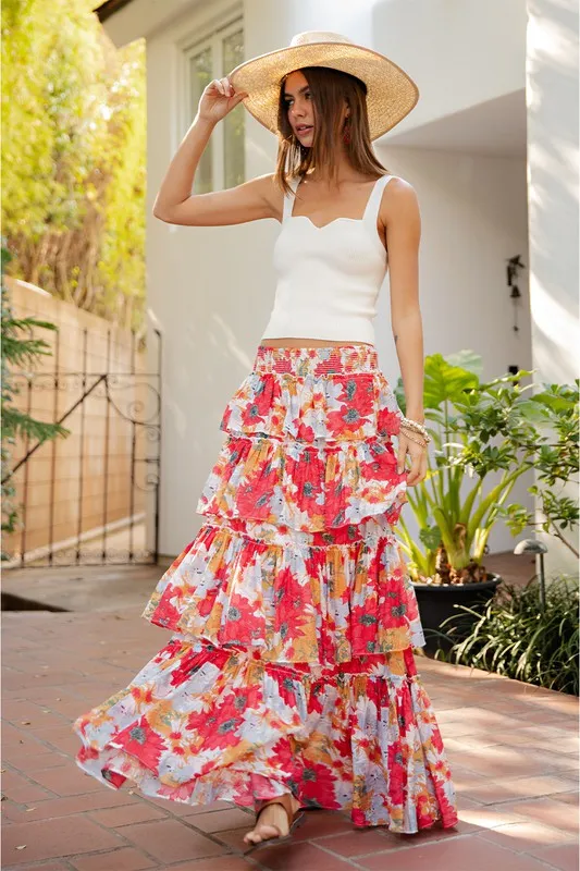 Tomato Floral Tiered Maxi Skirt